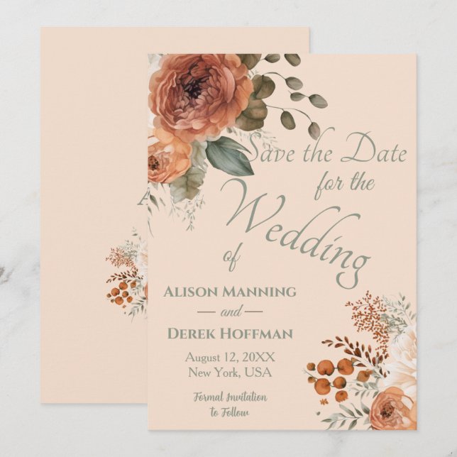 Elegant Terracotta Floral Wedding Save the Date Holiday Card (Front/Back)