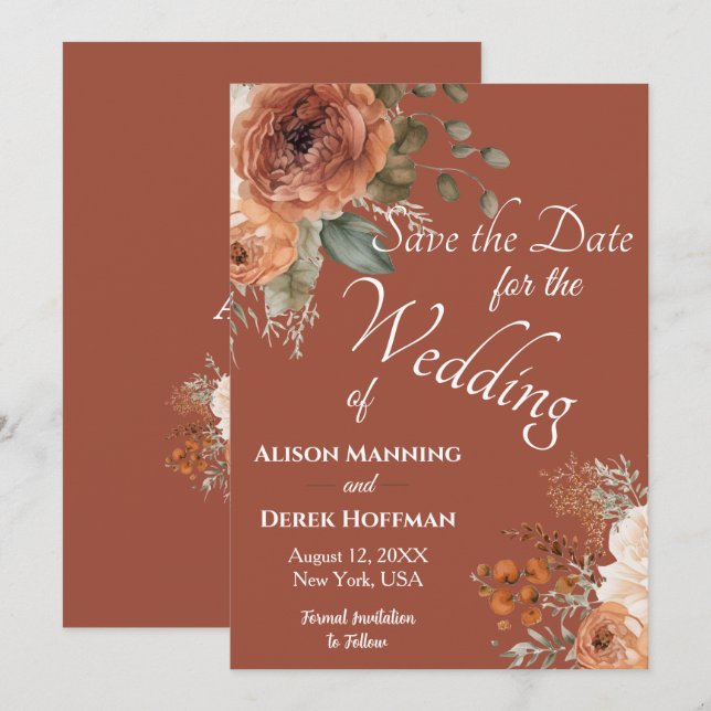 Elegant Terracotta Floral Wedding Save the Date Holiday Card (Front/Back)