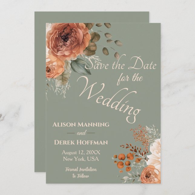 Elegant Terracotta Floral Wedding Save the Date Holiday Card (Front/Back)