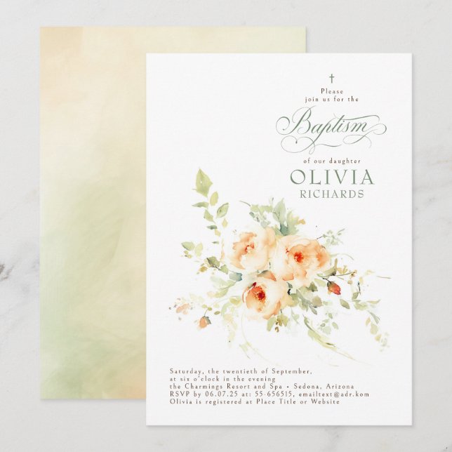 Elegant Terracotta Flowers Baptism Invitation (Front/Back)