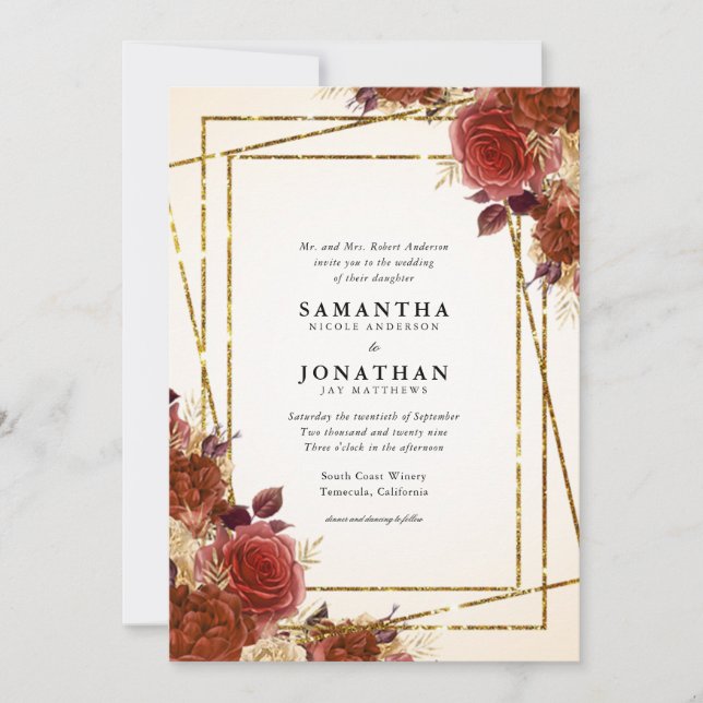 Elegant Terracotta Flowers Gold Glitter Wedding Invitation (Front)