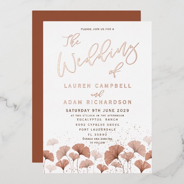 Elegant Terracotta Foliage Rose Gold Wedding Foil Invitation (Front/Back)