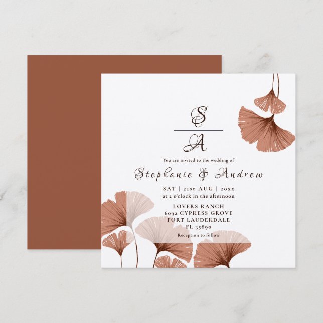Elegant Terracotta Ginkgo Foliage Wedding Invitation (Front/Back)