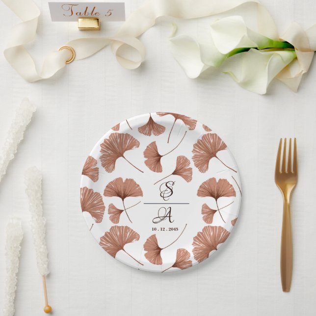 Elegant Terracotta Ginkgo Leaf Pattern Wedding Paper Plates (Wedding)