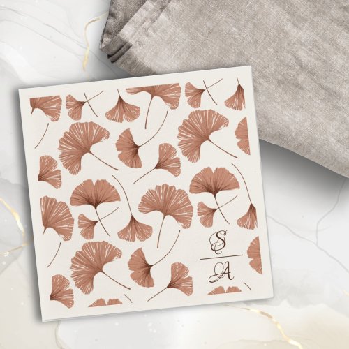 Elegant Terracotta Ginkgo Pattern Monogram Wedding Napkins