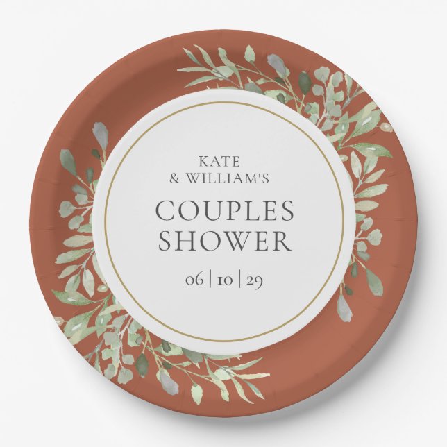 Elegant Terracotta Gold Greenery Couples Shower Paper Plates (Front)