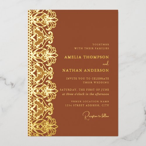 Elegant Terracotta Gold Lace Wedding  Foil Invitation