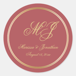 Elegant Terracotta Gold Monogram Script Wedding Classic Round Sticker