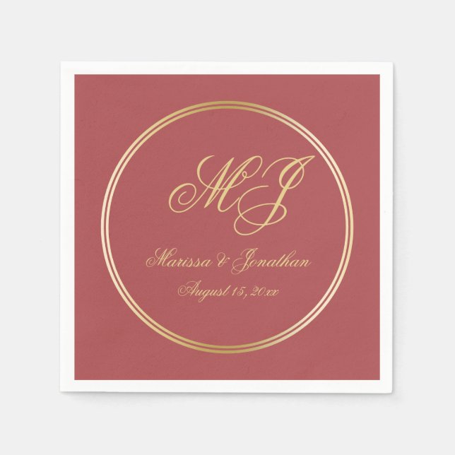 Elegant Terracotta Gold Monogram Script Wedding Napkins (Front)