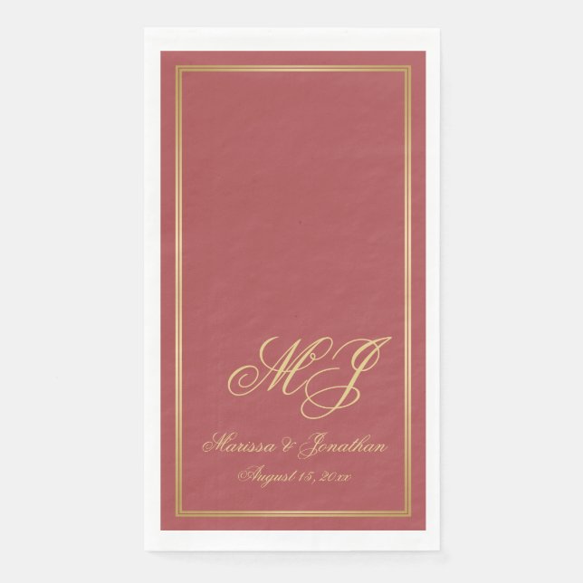 Elegant Terracotta Gold Monogram Script Wedding Paper Guest Towels (Front)