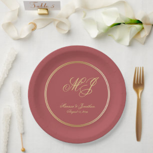 Elegant Terracotta Gold Monogram Script Wedding Paper Plates