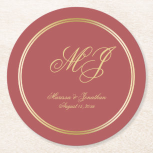 Elegant Terracotta Gold Monogram Script Wedding Round Paper Coaster