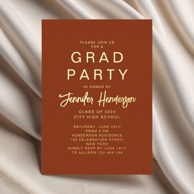 Elegant Terracotta Gold Script Graduation Party Foil Invitation (Elegant Terracotta Gold Script Graduation Party Foil Invitation)
