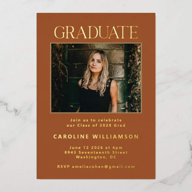 Elegant Terracotta Gold Two Photo Graduation Party Foil Invitation (Front)