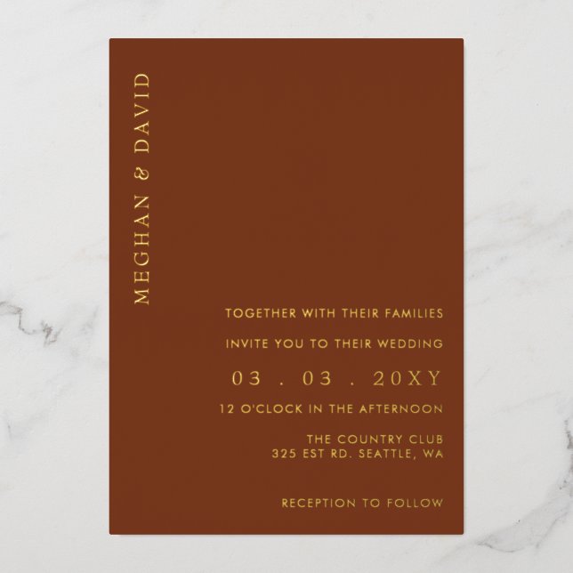 Elegant Terracotta Gold Wedding Foil Invitation (Front)