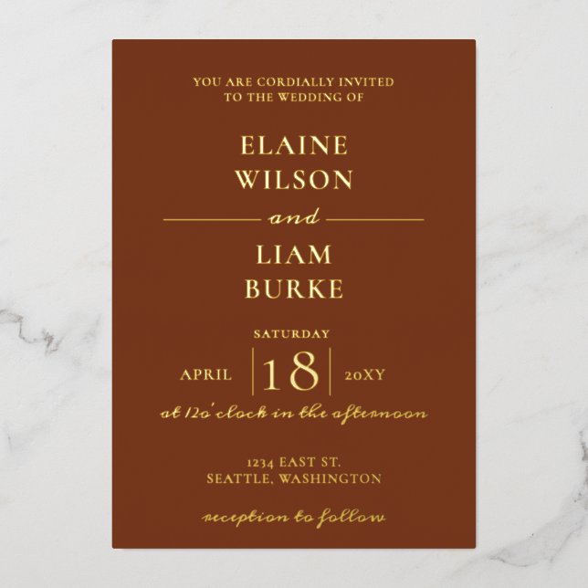 Elegant Terracotta Gold Wedding Foil Invitation (Front)