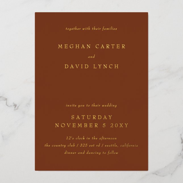 Elegant Terracotta Gold Wedding  Foil Invitation (Front)
