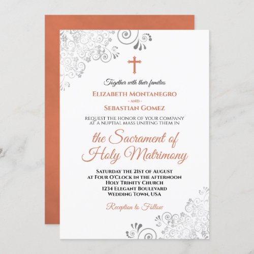 Elegant Terracotta  Gray Modern Catholic Wedding Invitation