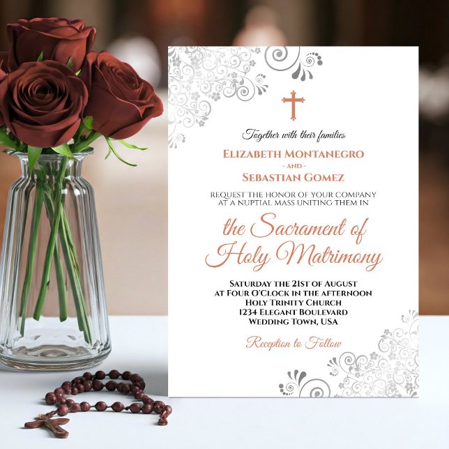 Elegant Terracotta & Gray Modern Catholic Wedding Invitation (Creator Uploaded)