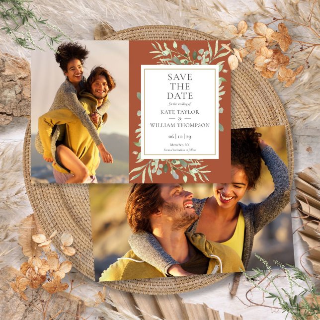 Elegant Terracotta Greenery 2 Photo Wedding Save The Date (Elegant Terracotta Greenery 2 Photo Wedding Save The Date)