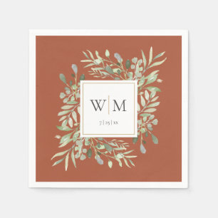 Elegant Terracotta Greenery Gold Monogram Napkins