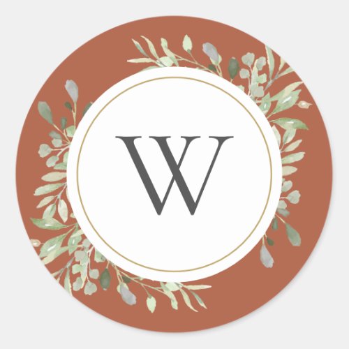 Elegant Terracotta Greenery Monogram Initial Classic Round Sticker