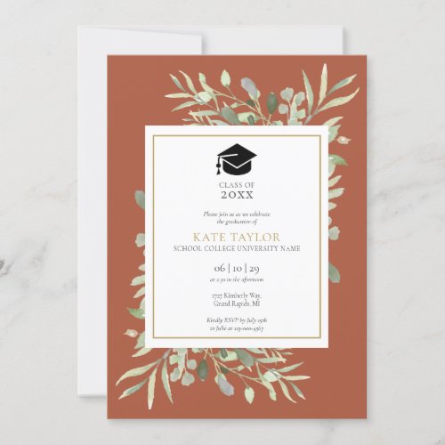 Elegant Terracotta Greenery Photo Graduation Party Invitation