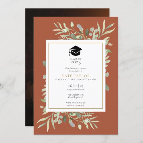 Elegant Terracotta Greenery Photo Graduation Party Invitation