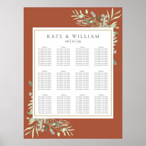 Elegant Terracotta Greenery Wedding Seating Chart