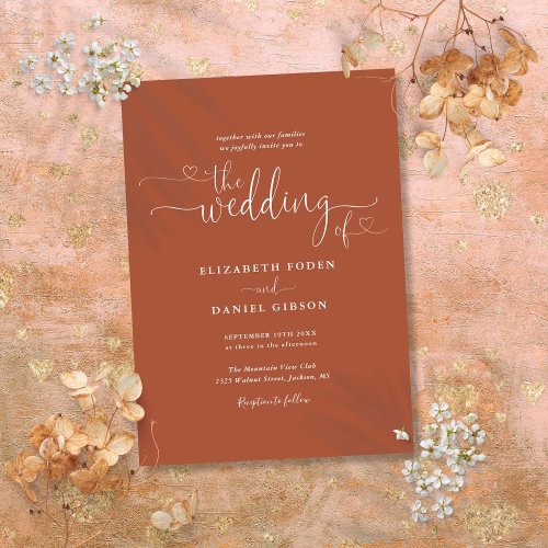 Elegant Terracotta Hearts Calligraphy Wedding Invitation