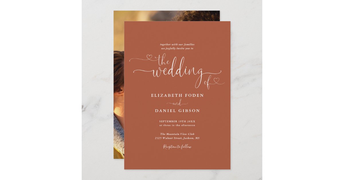 Elegant Terracotta Hearts Script Photo Wedding Invitation | Zazzle