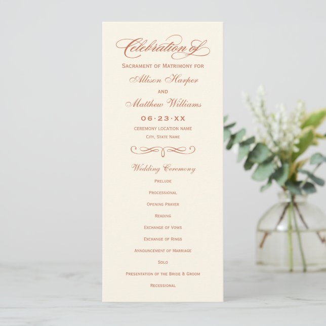 Elegant Terracotta Ivory Calligraphy Wedding Program (Standing Front)