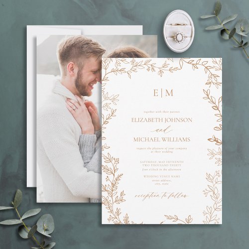 Elegant Terracotta Leaf Photo Monogram Wedding Invitation