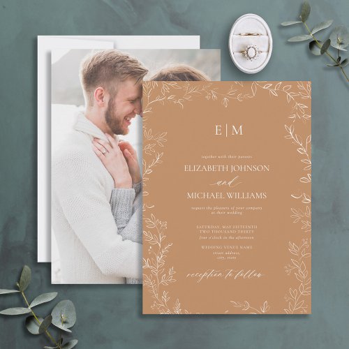 Elegant Terracotta Leaf Photo Monogram Wedding Invitation