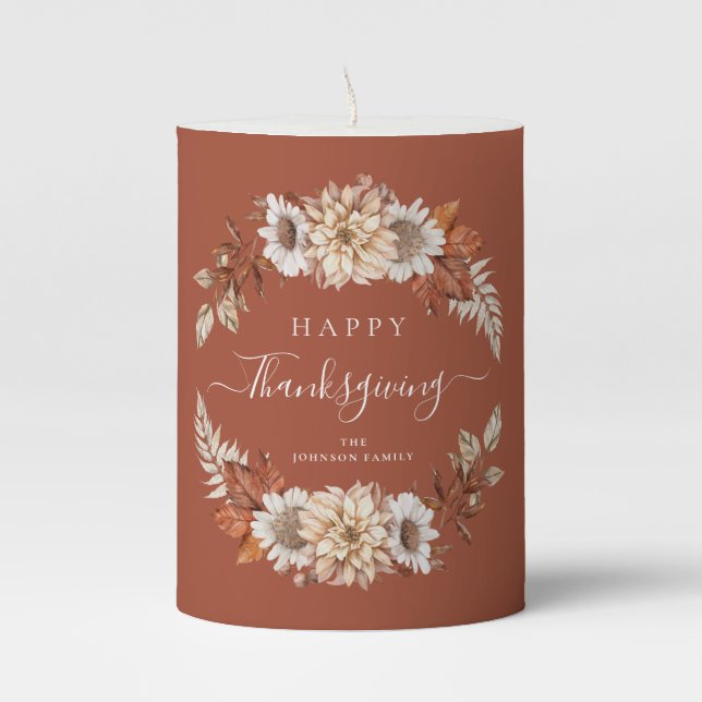 Elegant Terracotta Leaves Happy Thanksgiving Pillar Candle (Front)