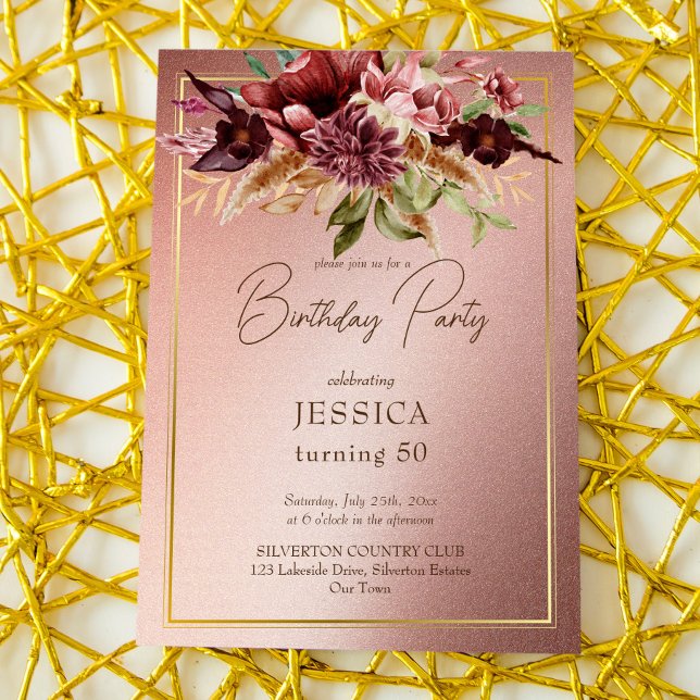 Elegant terracotta maroon fall flowers birthday invitation (Creator Uploaded)