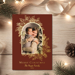Elegant Terracotta Merry Christmas Arch Photo Foil Holiday Card