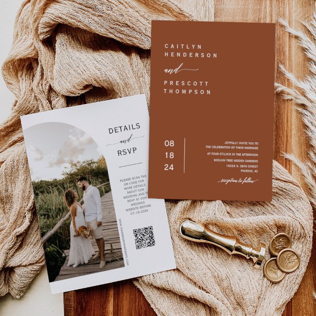 Elegant Terracotta Minimal Photo QR Code Wedding I Invitation (Creator Uploaded)