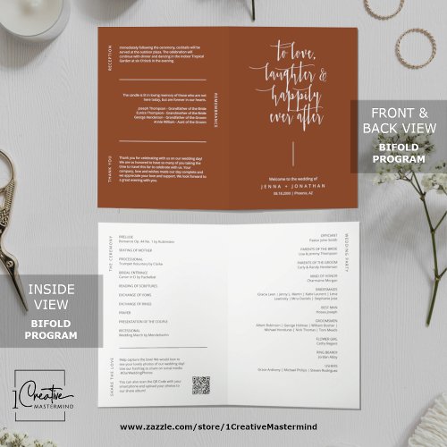 Elegant Terracotta Minimal QR Code Wedding Folded Program