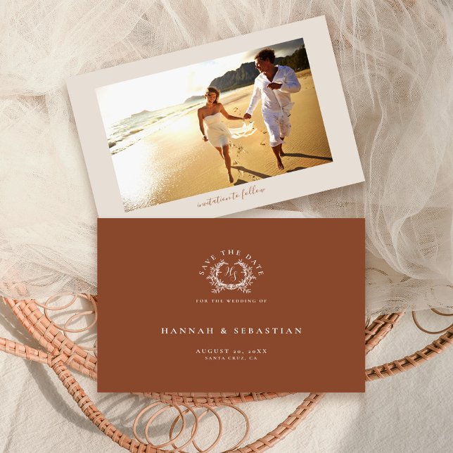 Elegant Terracotta Monogram Crest Wedding Photo Save The Date (Creator Uploaded)