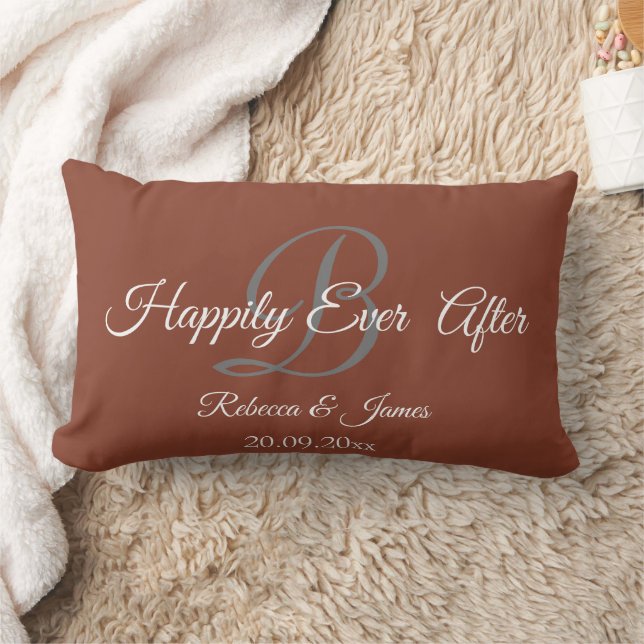  Elegant Terracotta Monogrammed Happily Ever After Lumbar Pillow (Blanket)