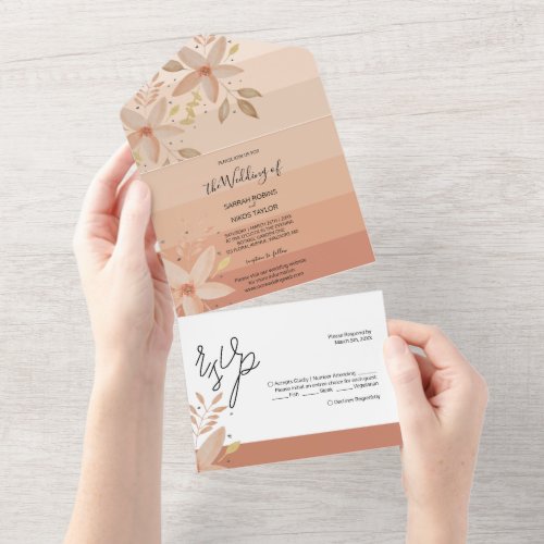 Elegant Terracotta Ombre Watercolor Flowers All In One Invitation