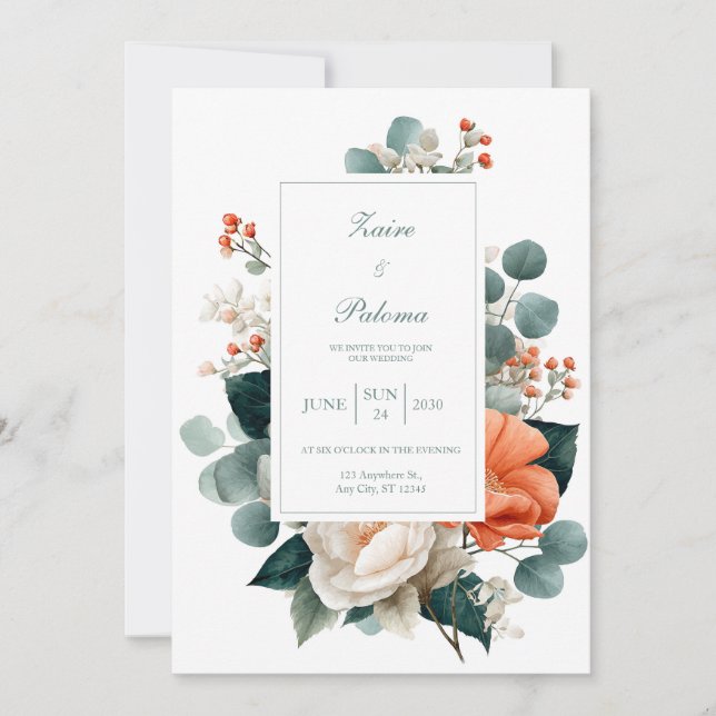 Elegant Terracotta Orange Eucalyptus Floral Invitation (Front)