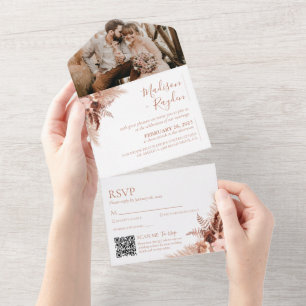 Elegant Terracotta Pampas Photo QR Code Wedding All In One Invitation