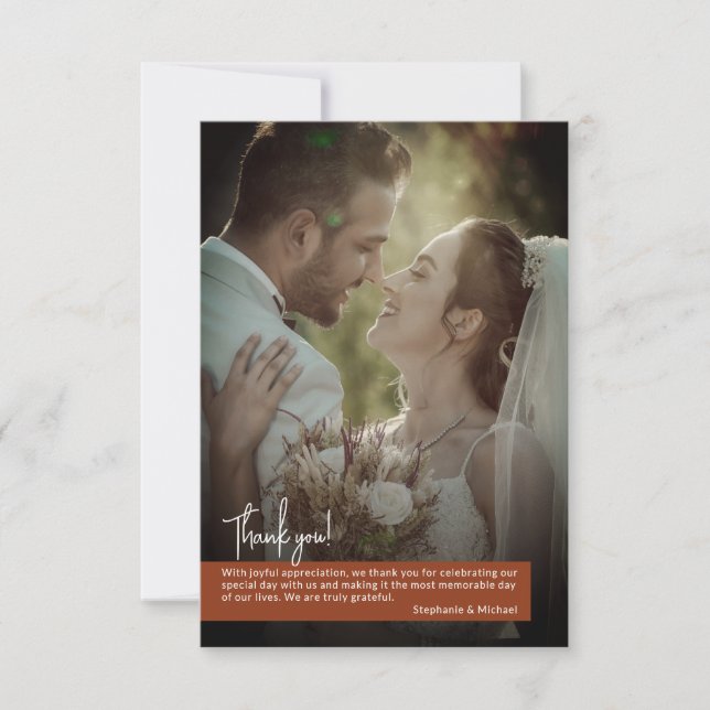 Elegant Terracotta Photo Banner Wedding Thank You Card (Front)