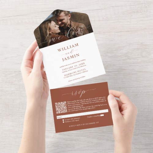 Elegant Terracotta Photo Script QR code Wedding All In One Invitation