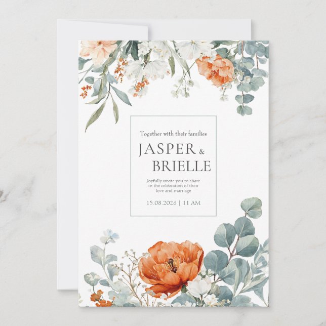 Elegant Terracotta Poppy Eucalyptus Watercolor Invitation (Front)
