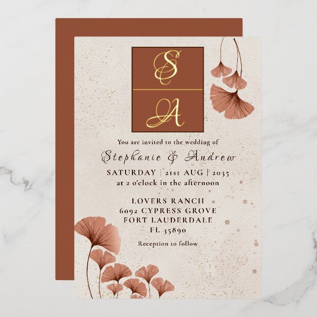 Elegant Terracotta & Real Gold Monogram Wedding  Foil Invitation (Front/Back)