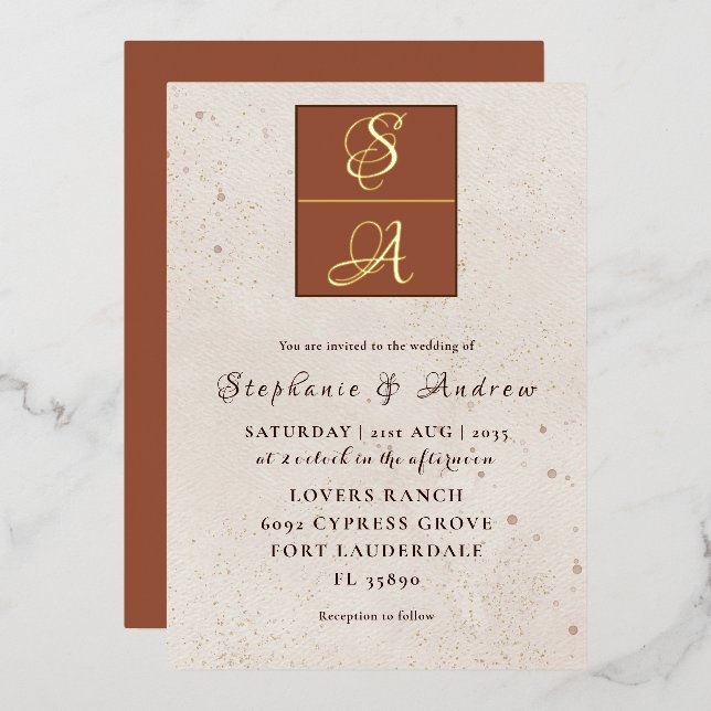 Elegant Terracotta & Real Gold Monogram Wedding  Foil Invitation (Front/Back)
