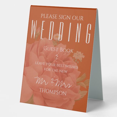Elegant Terracotta Rust Floral Wedding Guest Book  Table Tent Sign